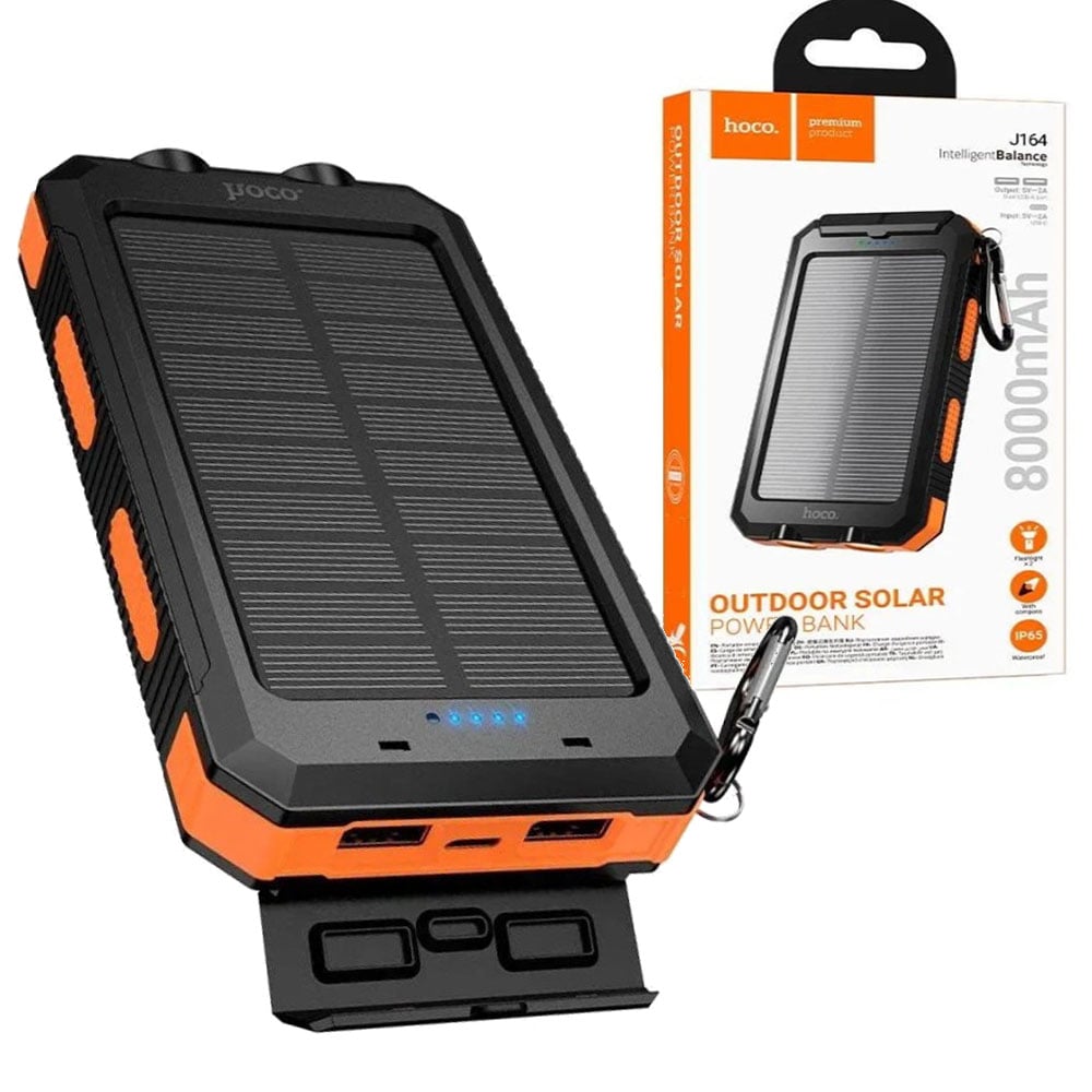 Аккумулятор внешний Hoco J164 на 8000 mAh с солнечной панелью и двойной фонарь USB-A и USB-C USB