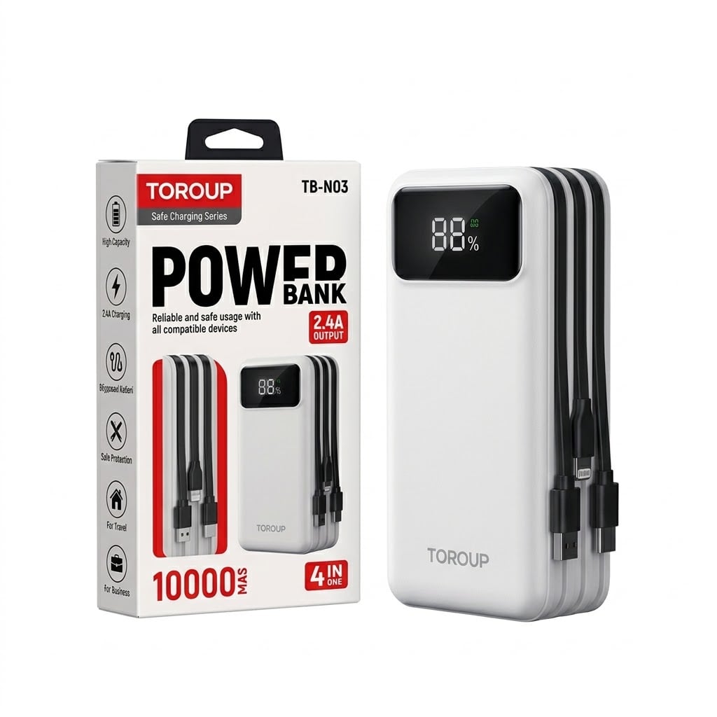 Акумулятор зовнішній TOROUP TB-N03 4в1 2,4A на 10000mAh вбудовані кабелі