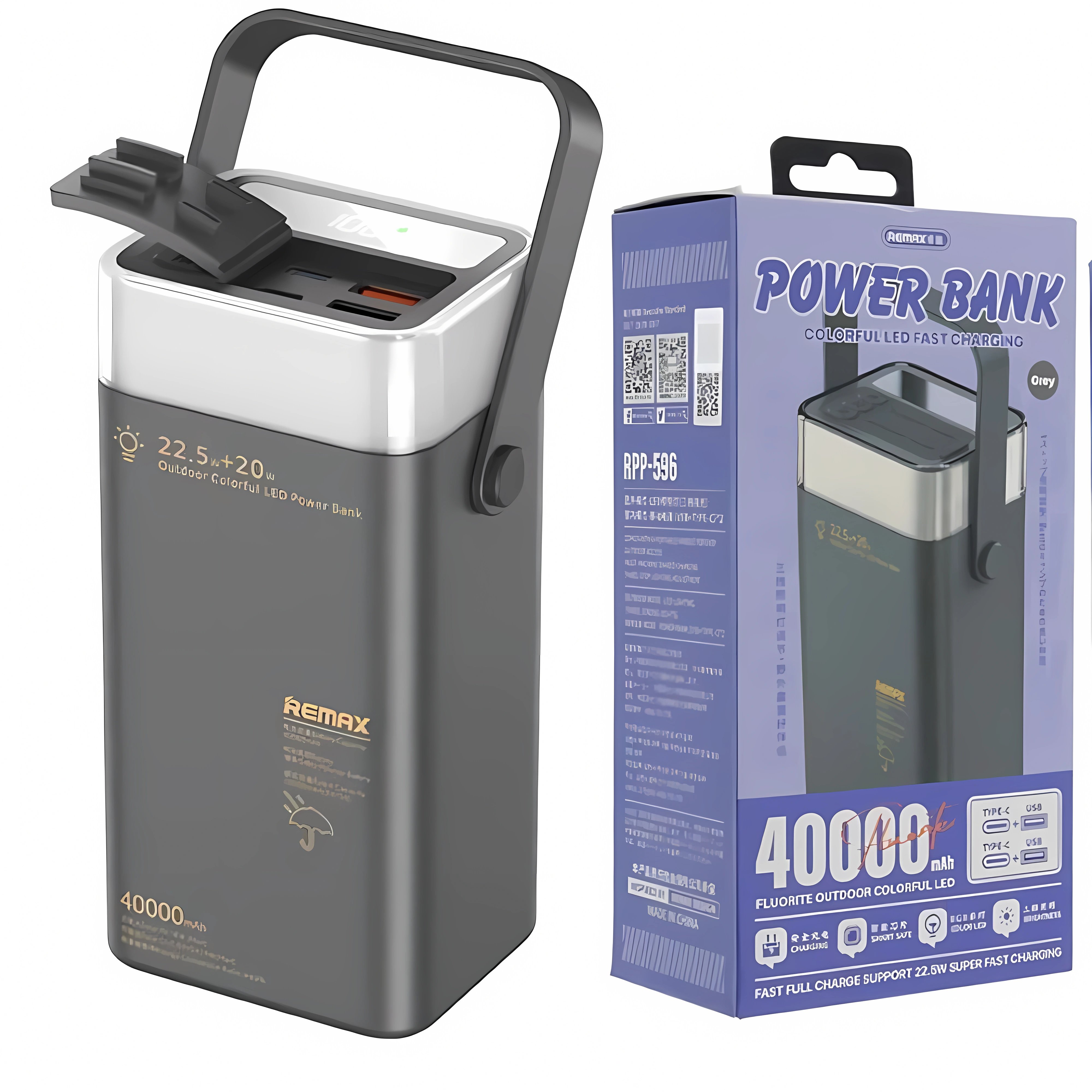 Аккумулятор наружный REMAX RPP-596 40000 mAh PD20W/QC3.0 22,5W с быстрой зарядкой повербанк RGB фонарь
