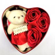 Подарунковий набір Love you Ведмедик в коробочці 3 троянди з мильними пелюстками