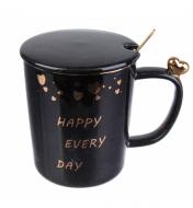 Чашка керамическая Happy Day 350 мл с ложечкой и крышечкой Чашка керамическая Happy Day 350 мл с ложечкой и крышечкой